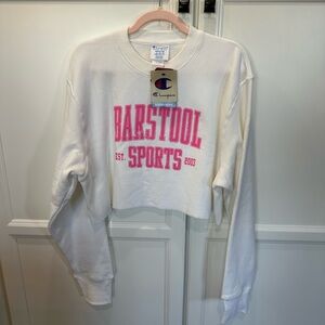 NWT M BARSTOOL Champion White Cropped Sweatshirt with Pink Print